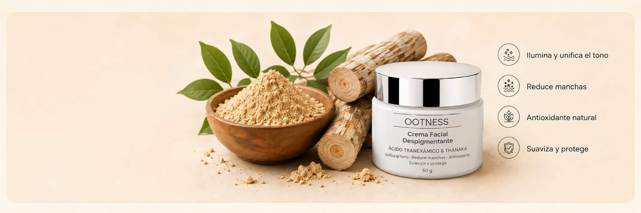 Thanaka — ingrediente ancestral de Birmania. Ilumina y unifica el tono, reduce manchas, antioxidante natural, suaviza y protege.
