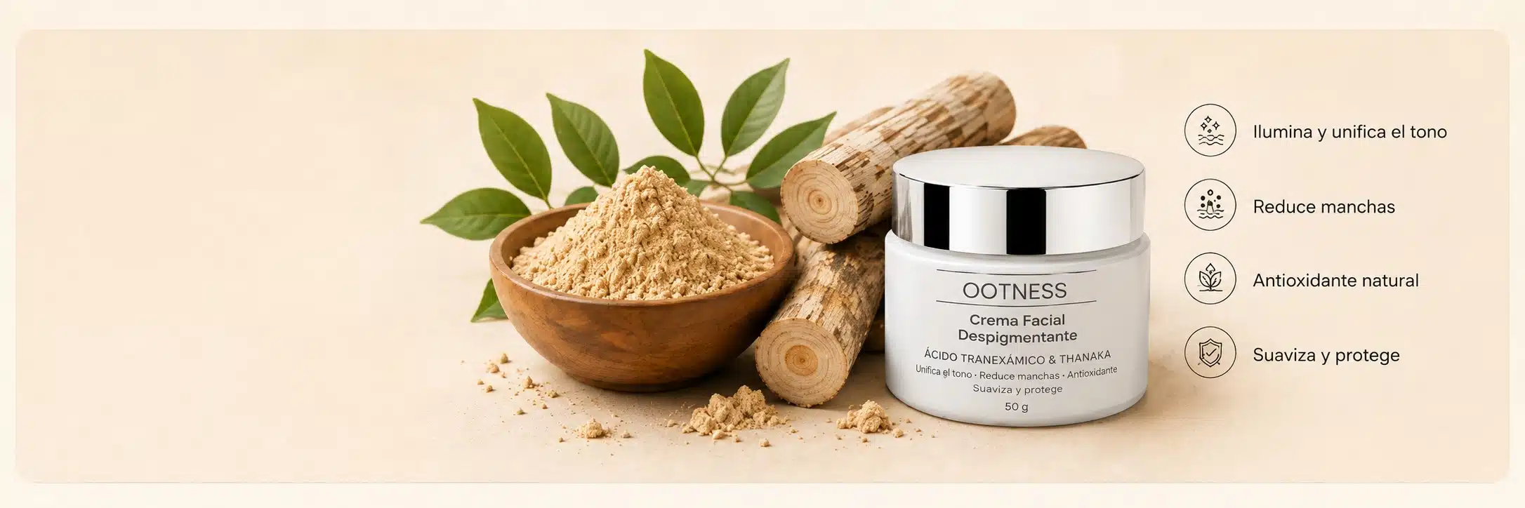 Thanaka — ingrediente ancestral de Birmania. Ilumina y unifica el tono, reduce manchas, antioxidante natural, suaviza y protege.